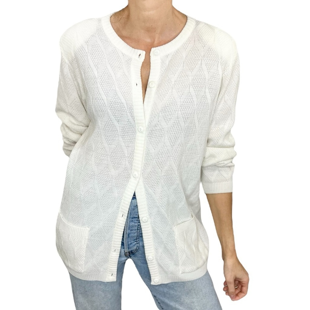 Vintage 80s 90s ivory white lattice knit grandma cardigan sweater